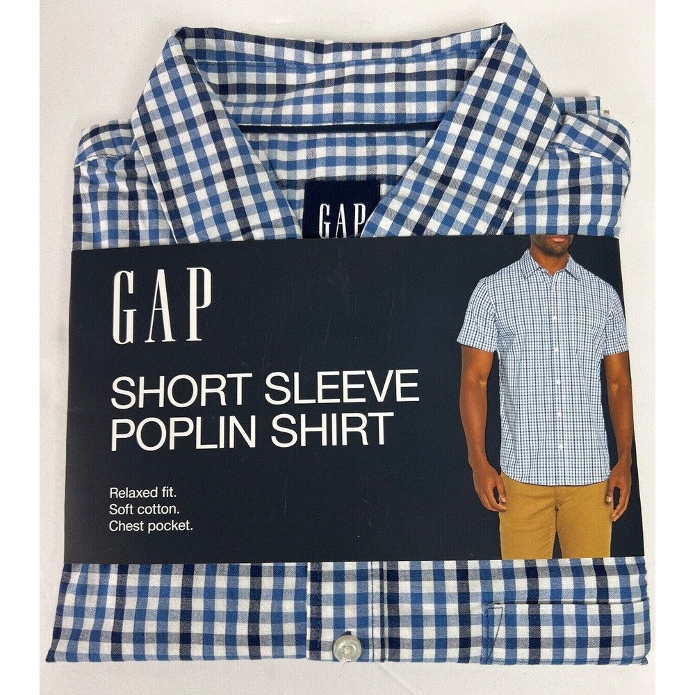 GAP Mens Shirt Size XL Plaid Short Sleeve Check Poplin Cotton Relaxed Blue A56